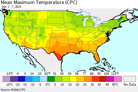 United States Mean Maximum Temperature (CPC) Thematic Map For 4/1/2024 - 4/7/2024