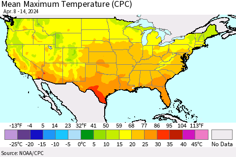 United States Mean Maximum Temperature (CPC) Thematic Map For 4/8/2024 - 4/14/2024