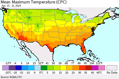 United States Mean Maximum Temperature (CPC) Thematic Map For 4/15/2024 - 4/21/2024