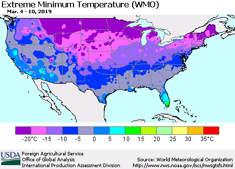 United States Minimum Daily Temperature (WMO) Thematic Map For 3/4/2019 - 3/10/2019