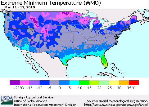 United States Minimum Daily Temperature (WMO) Thematic Map For 3/11/2019 - 3/17/2019