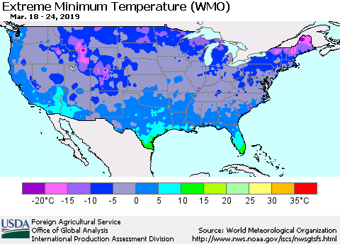 United States Minimum Daily Temperature (WMO) Thematic Map For 3/18/2019 - 3/24/2019