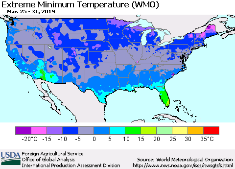 United States Minimum Daily Temperature (WMO) Thematic Map For 3/25/2019 - 3/31/2019