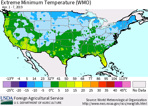 United States Minimum Daily Temperature (WMO) Thematic Map For 4/1/2019 - 4/7/2019