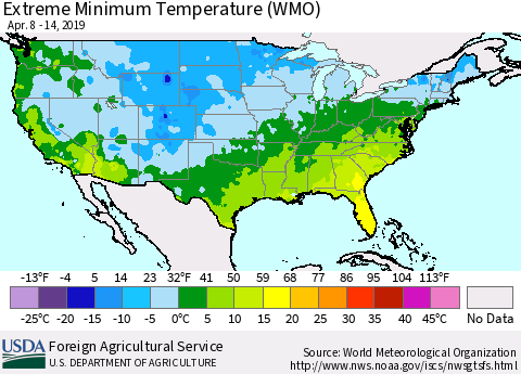 United States Minimum Daily Temperature (WMO) Thematic Map For 4/8/2019 - 4/14/2019
