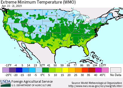 United States Minimum Daily Temperature (WMO) Thematic Map For 4/15/2019 - 4/21/2019