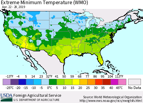 United States Minimum Daily Temperature (WMO) Thematic Map For 4/22/2019 - 4/28/2019