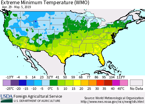 United States Minimum Daily Temperature (WMO) Thematic Map For 4/29/2019 - 5/5/2019