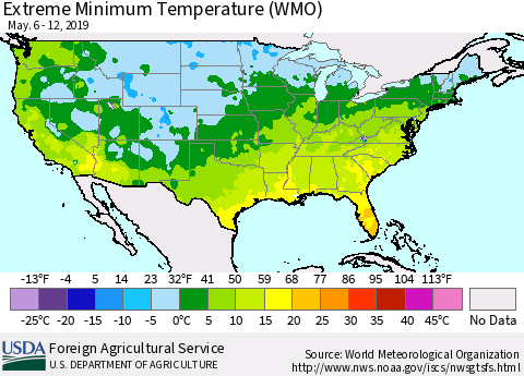 United States Minimum Daily Temperature (WMO) Thematic Map For 5/6/2019 - 5/12/2019