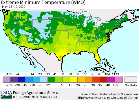 United States Minimum Daily Temperature (WMO) Thematic Map For 5/13/2019 - 5/19/2019