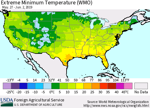 United States Minimum Daily Temperature (WMO) Thematic Map For 5/27/2019 - 6/2/2019