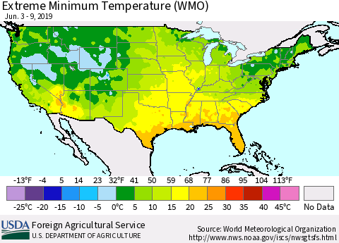 United States Minimum Daily Temperature (WMO) Thematic Map For 6/3/2019 - 6/9/2019