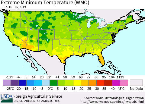 United States Minimum Daily Temperature (WMO) Thematic Map For 6/10/2019 - 6/16/2019