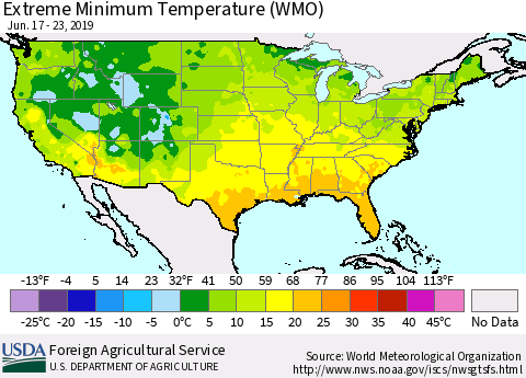 United States Minimum Daily Temperature (WMO) Thematic Map For 6/17/2019 - 6/23/2019