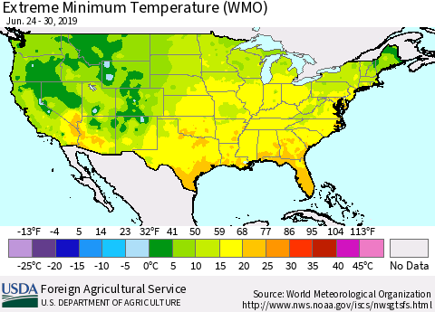 United States Minimum Daily Temperature (WMO) Thematic Map For 6/24/2019 - 6/30/2019