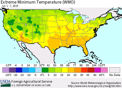 United States Minimum Daily Temperature (WMO) Thematic Map For 7/1/2019 - 7/7/2019