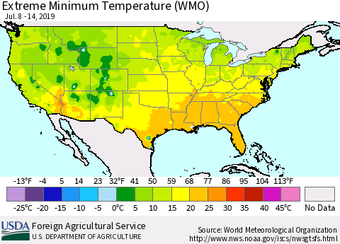 United States Minimum Daily Temperature (WMO) Thematic Map For 7/8/2019 - 7/14/2019