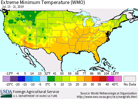 United States Minimum Daily Temperature (WMO) Thematic Map For 7/15/2019 - 7/21/2019