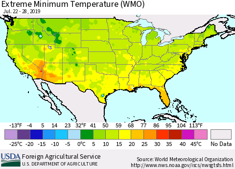 United States Minimum Daily Temperature (WMO) Thematic Map For 7/22/2019 - 7/28/2019