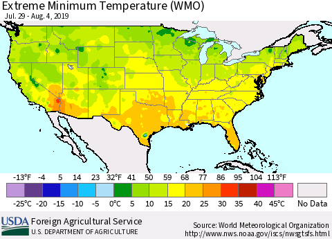 United States Minimum Daily Temperature (WMO) Thematic Map For 7/29/2019 - 8/4/2019