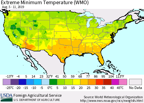 United States Minimum Daily Temperature (WMO) Thematic Map For 8/5/2019 - 8/11/2019