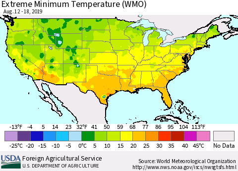 United States Minimum Daily Temperature (WMO) Thematic Map For 8/12/2019 - 8/18/2019