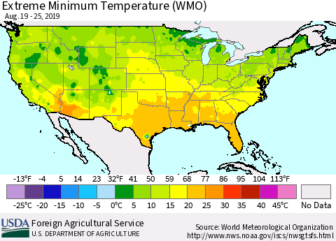United States Minimum Daily Temperature (WMO) Thematic Map For 8/19/2019 - 8/25/2019