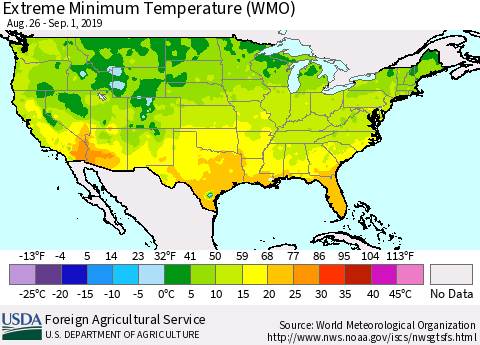 United States Minimum Daily Temperature (WMO) Thematic Map For 8/26/2019 - 9/1/2019