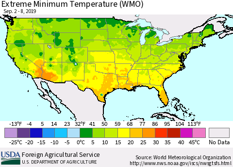 United States Minimum Daily Temperature (WMO) Thematic Map For 9/2/2019 - 9/8/2019