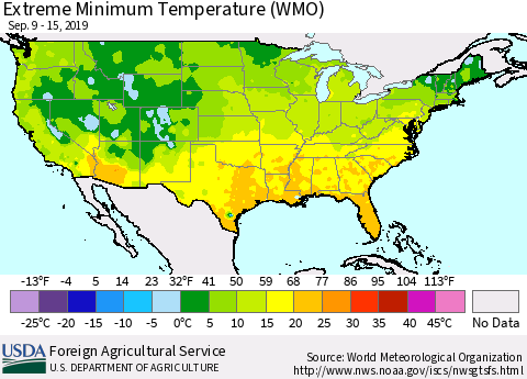 United States Extreme Minimum Temperature (WMO) Thematic Map For 9/9/2019 - 9/15/2019