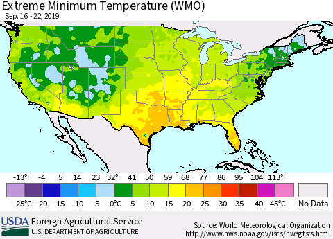 United States Extreme Minimum Temperature (WMO) Thematic Map For 9/16/2019 - 9/22/2019