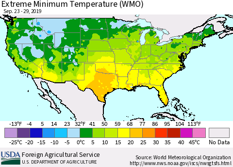 United States Extreme Minimum Temperature (WMO) Thematic Map For 9/23/2019 - 9/29/2019