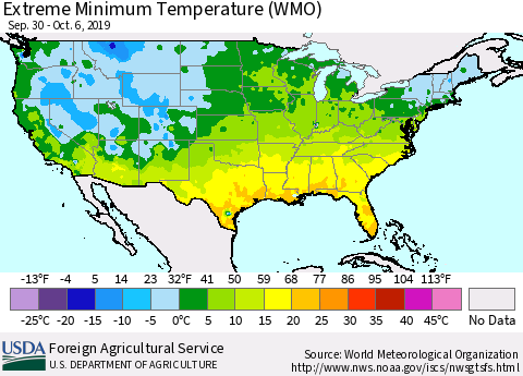 United States Extreme Minimum Temperature (WMO) Thematic Map For 9/30/2019 - 10/6/2019