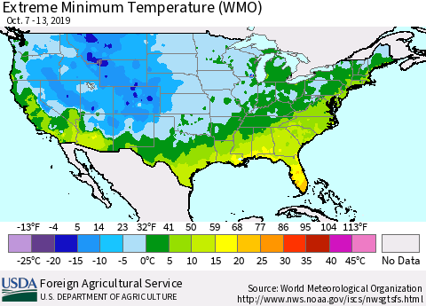 United States Extreme Minimum Temperature (WMO) Thematic Map For 10/7/2019 - 10/13/2019