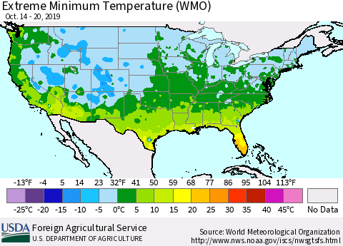 United States Extreme Minimum Temperature (WMO) Thematic Map For 10/14/2019 - 10/20/2019