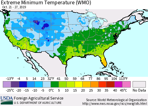 United States Extreme Minimum Temperature (WMO) Thematic Map For 10/21/2019 - 10/27/2019