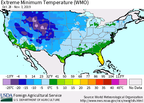 United States Extreme Minimum Temperature (WMO) Thematic Map For 10/28/2019 - 11/3/2019