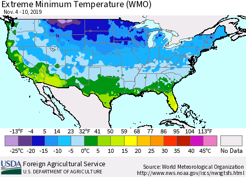 United States Extreme Minimum Temperature (WMO) Thematic Map For 11/4/2019 - 11/10/2019