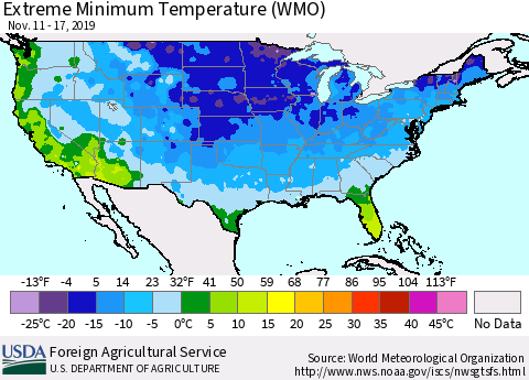 United States Minimum Daily Temperature (WMO) Thematic Map For 11/11/2019 - 11/17/2019
