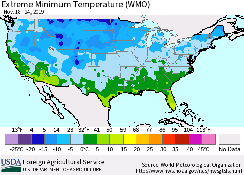 United States Extreme Minimum Temperature (WMO) Thematic Map For 11/18/2019 - 11/24/2019