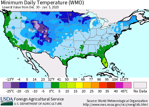 United States Minimum Daily Temperature (WMO) Thematic Map For 12/30/2019 - 1/5/2020