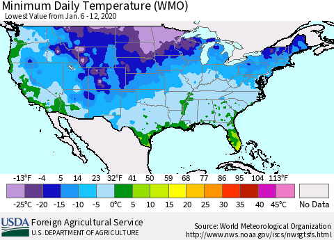 United States Extreme Minimum Temperature (WMO) Thematic Map For 1/6/2020 - 1/12/2020