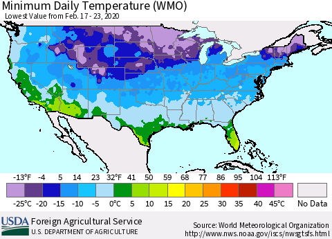 United States Extreme Minimum Temperature (WMO) Thematic Map For 2/17/2020 - 2/23/2020