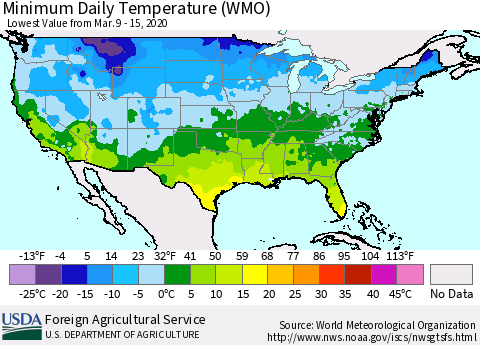 United States Minimum Daily Temperature (WMO) Thematic Map For 3/9/2020 - 3/15/2020