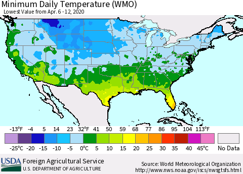 United States Minimum Daily Temperature (WMO) Thematic Map For 4/6/2020 - 4/12/2020