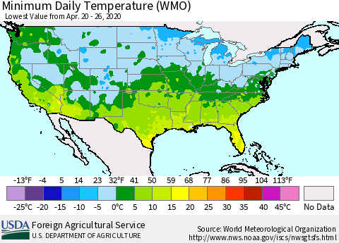 United States Minimum Daily Temperature (WMO) Thematic Map For 4/20/2020 - 4/26/2020