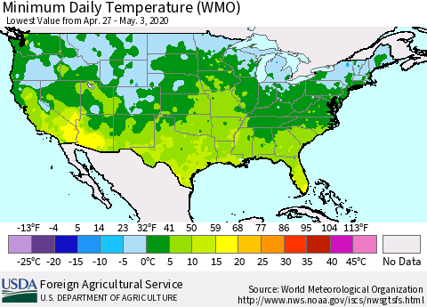 United States Minimum Daily Temperature (WMO) Thematic Map For 4/27/2020 - 5/3/2020