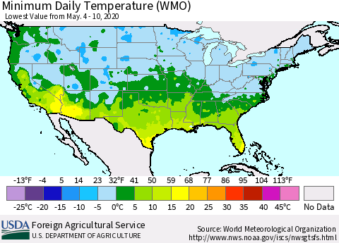 United States Extreme Minimum Temperature (WMO) Thematic Map For 5/4/2020 - 5/10/2020