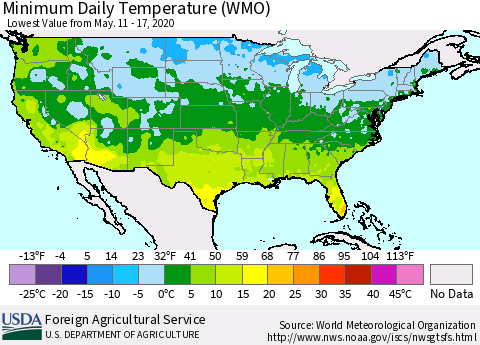 United States Extreme Minimum Temperature (WMO) Thematic Map For 5/11/2020 - 5/17/2020