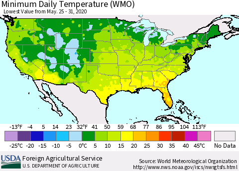 United States Minimum Daily Temperature (WMO) Thematic Map For 5/25/2020 - 5/31/2020